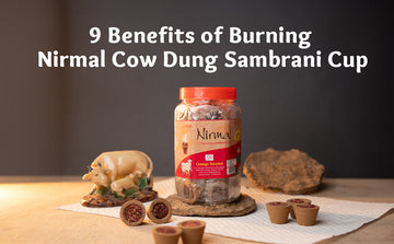 Nirmal cow dung sambrani cup jar, sambrani cups, cow figurine, cow dung cake on table