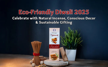 Eco-friendly Diwali 2025 display with natural incense sticks, sandalwood, and potted plant.
