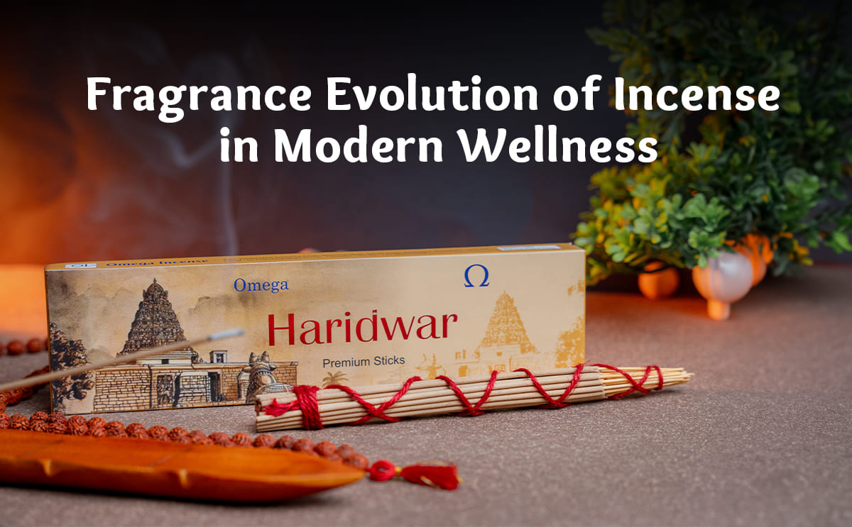 Haridwar incense sticks box with incense holder, beads, and greenery in a wellness setting