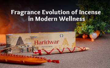 Haridwar incense sticks box with incense holder, beads, and greenery in a wellness setting