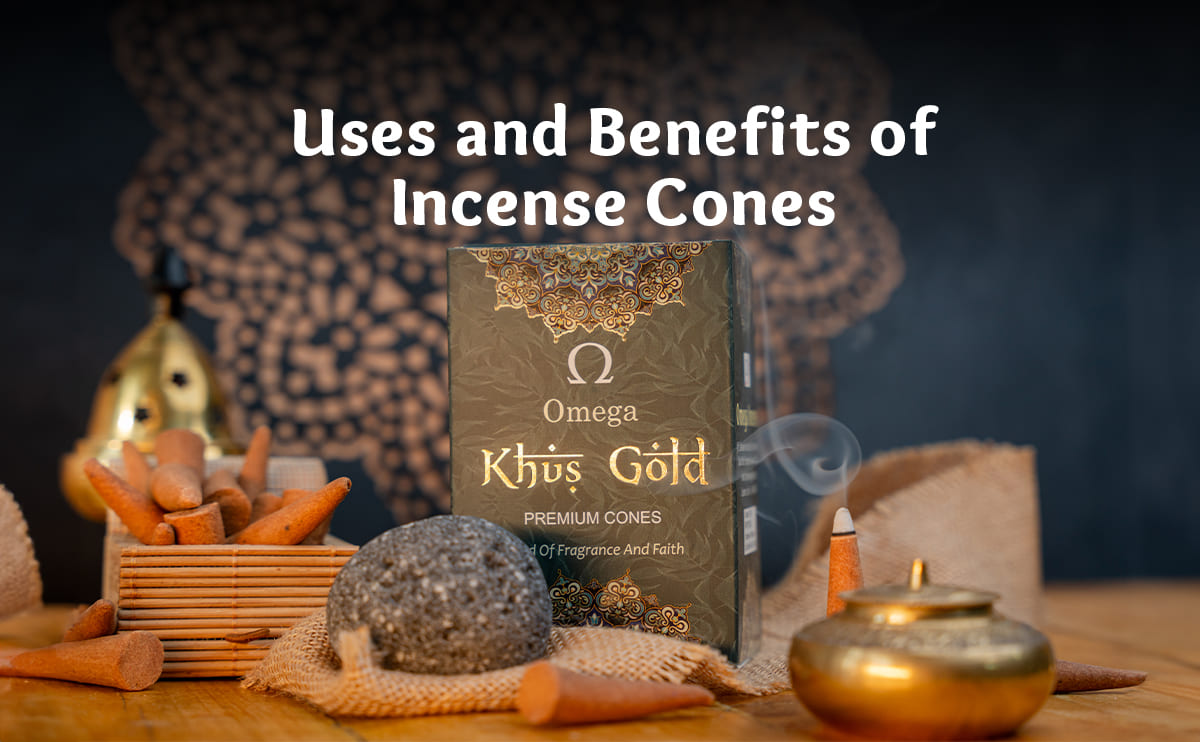 Omega Khus Gold incense cones box with incense cones, smoke, and decorative elements.