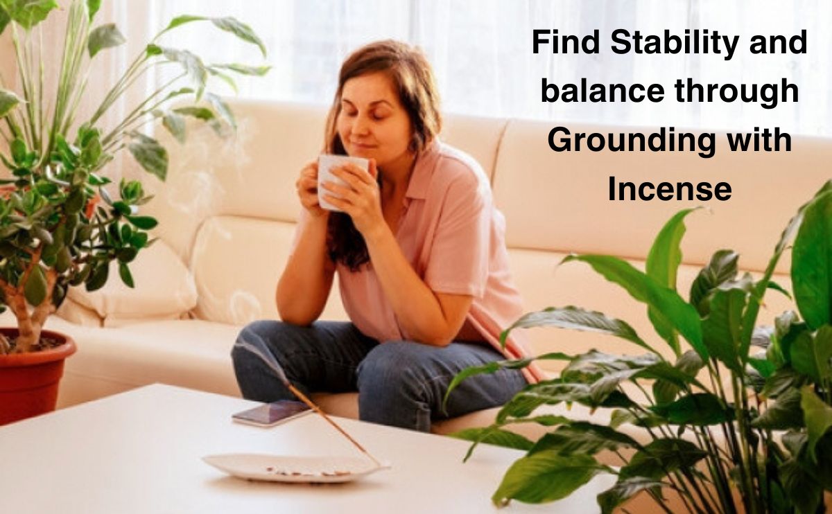 Woman relaxing with incense on coffee table, surrounded by indoor plants, promoting grounding