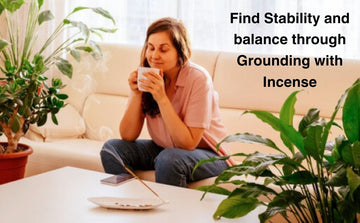 Woman relaxing with incense on coffee table, surrounded by indoor plants, promoting grounding