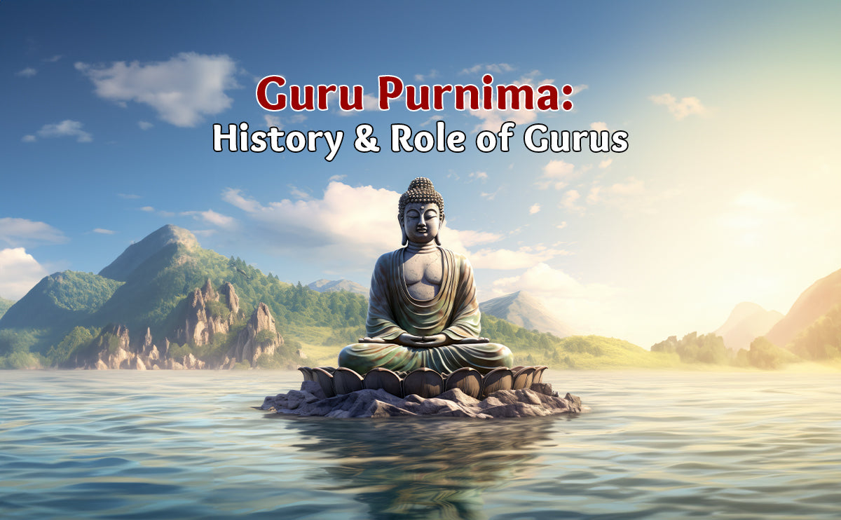 Guru Purnima Buddha statue on lotus in lake with mountains, spiritual festival celebration