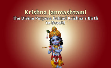 Baby Krishna illustration playing flute with Krishna Janmashtami text on red gradient background