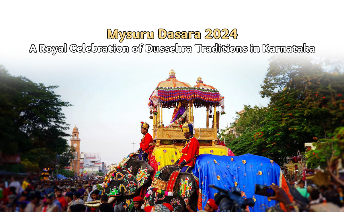 Mysuru Dasara 2024 festival procession with decorated elephants and royal chariot in Karnataka
