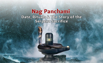 Nag Panchami festival image of a cobra snake coiled on a Shiva lingam with waterfall background