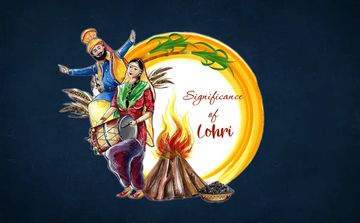 Lohri festival illustration with Punjabi dancers, bonfire, drum, and 'Significance of Lohri' text