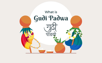 Gudi Padwa festival illustration with traditional gudi, garlands, pots, and text in English and Hindi