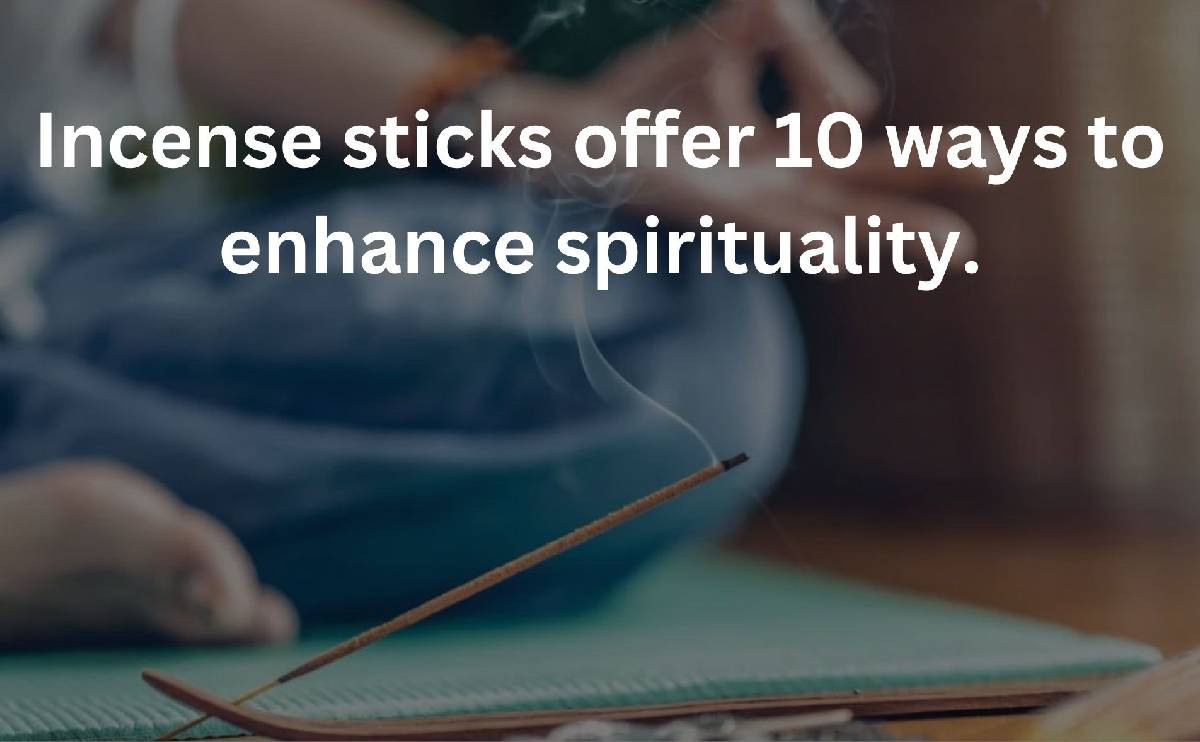 Burning incense stick on holder near person meditating, text about enhancing spirituality.