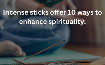 Burning incense stick on holder near person meditating, text about enhancing spirituality.