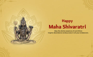 Maha Shivaratri greeting with Lord Shiva statue, trident, and festive yellow background
