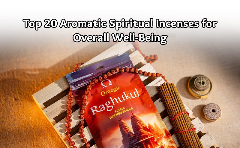 Raghukul Omega incense sticks, mala beads, and burners on a wooden tray for spiritual wellbeing