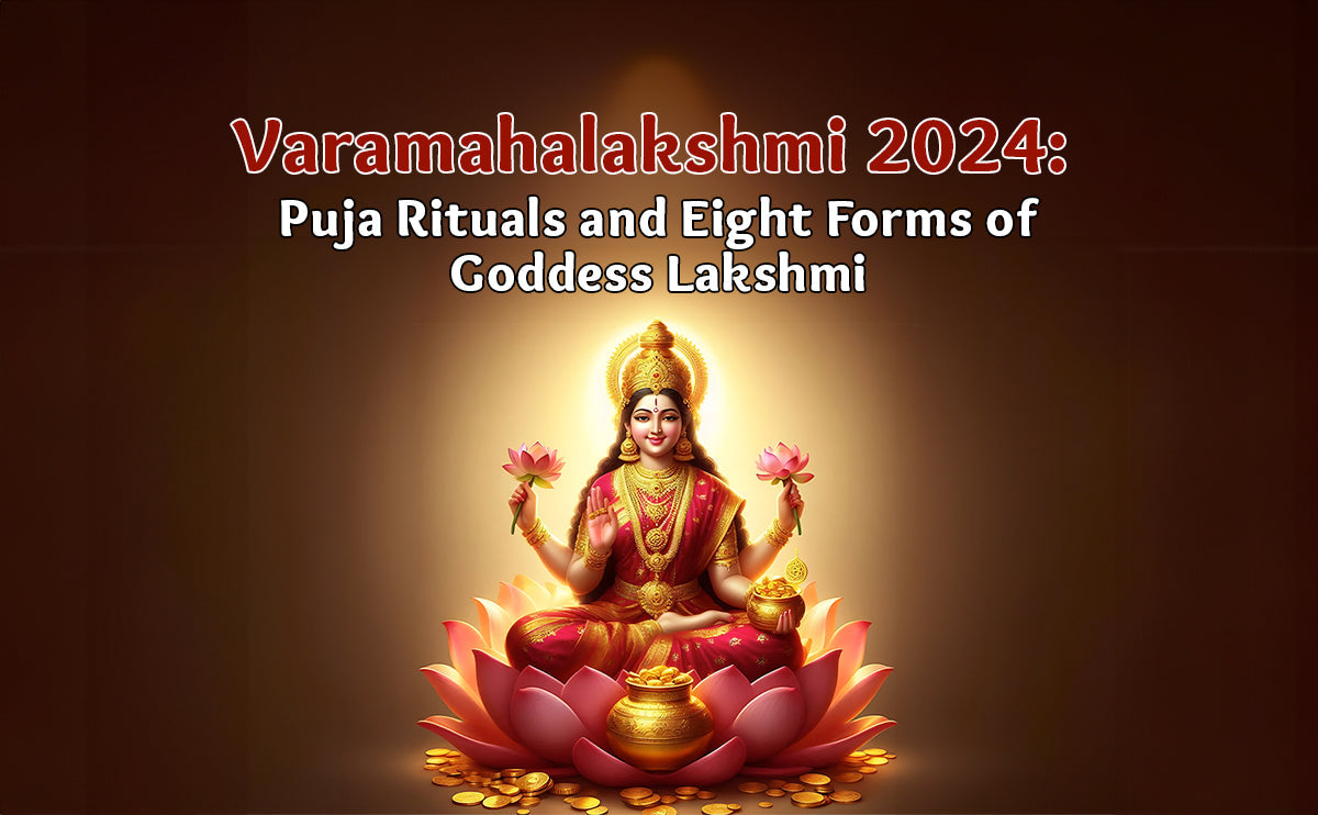 Varamahalakshmi 2024 poster with Goddess Lakshmi in red saree on lotus, gold coins, festive glow