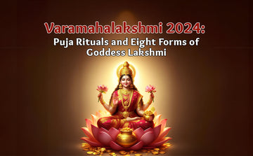 Varamahalakshmi 2024 poster with Goddess Lakshmi in red saree on lotus, gold coins, festive glow