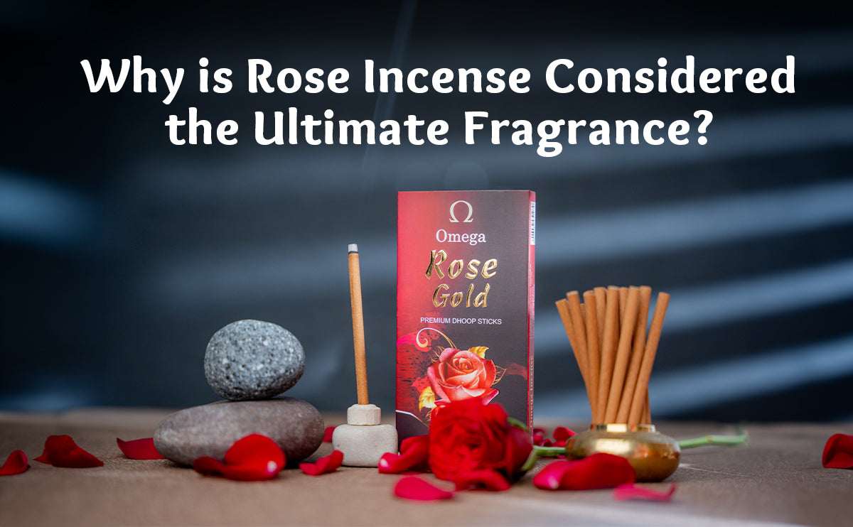 Rose incense sticks, rose petals, and Omega Rose Gold box on a table for ultimate fragrance.