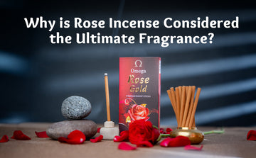 Rose incense sticks, rose petals, and Omega Rose Gold box on a table for ultimate fragrance.